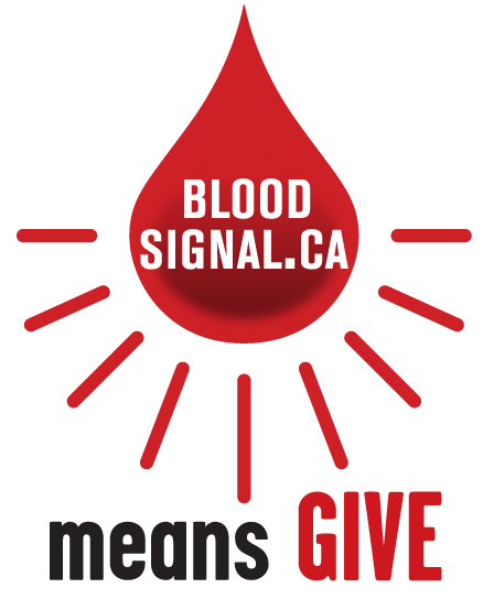 Stylized drop of blood with red rays of light and the text BloodSignal.ca means GIVE