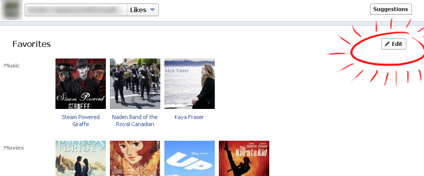 screencap of the Favourites/Likes settings page on Facebook