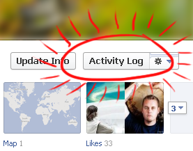 a screencap highlighting the location of the Activity Log button on a Facebook page