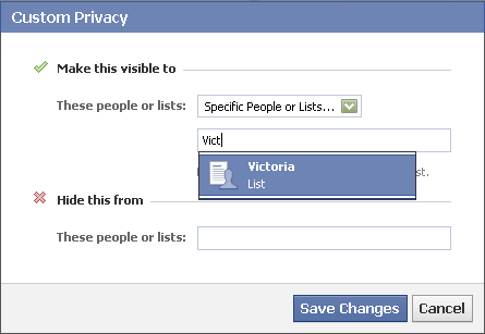 a screencap of the selection of a Facebook friends list titled 'Victoria' for post privacy