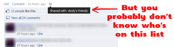 screencap pointing out a post's privacy set to "Andy's friends" with the caption 'But you probably don't know who's on this list'