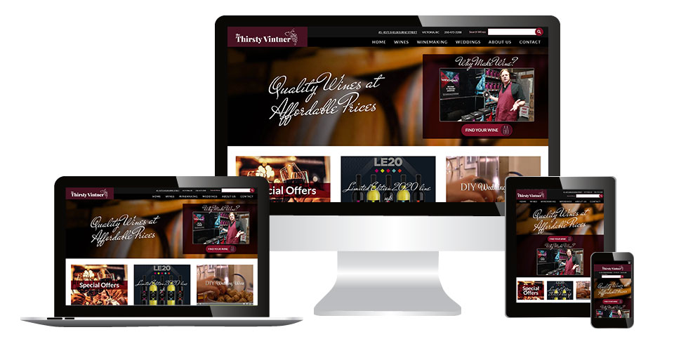 Thirsty Vintner home page displaying on multiple devices