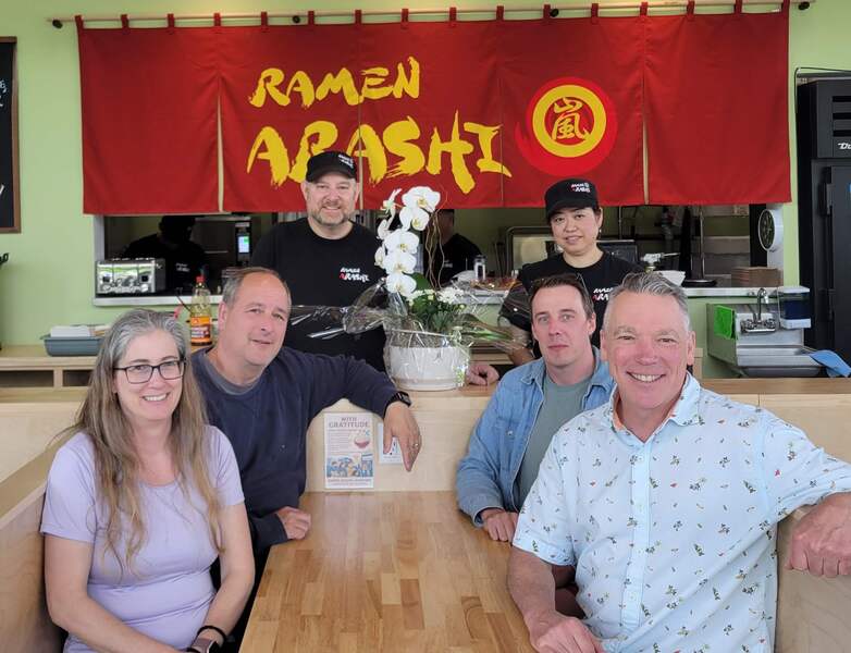 Ramen Arashi owners Allan and Yuko Nichols with Andrea, Roger, Mike and Dan at the newest location